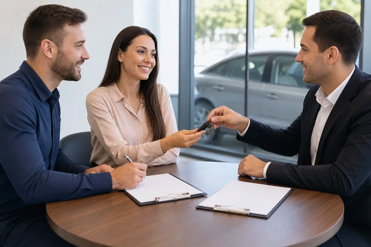 Despachante auxiliando cliente na transferência de veículo.