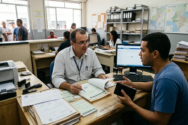 Despachante revisando documentos com cliente sobre erro de dados.