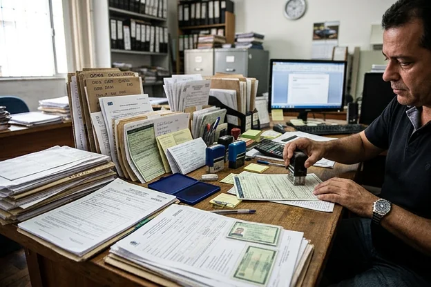 Mesa com documentos essenciais para despachante em um escritório.