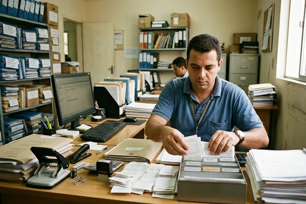 Profissional organizando comprovantes de pagamento em um despachante.